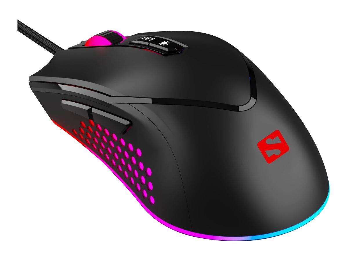 Schwarze kabelgebundene Gaming-Maus mit RGB-Beleuchtung und beleuchteten Seitengriffen auf weißem Hintergrund.