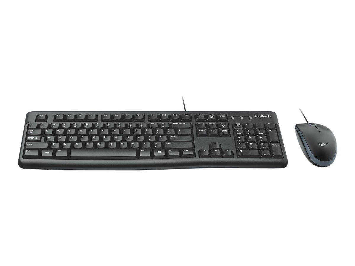Schwarze kabelgebundene Tastatur und Maus im Set auf weißem Hintergrund, nebeneinander angeordnet.
