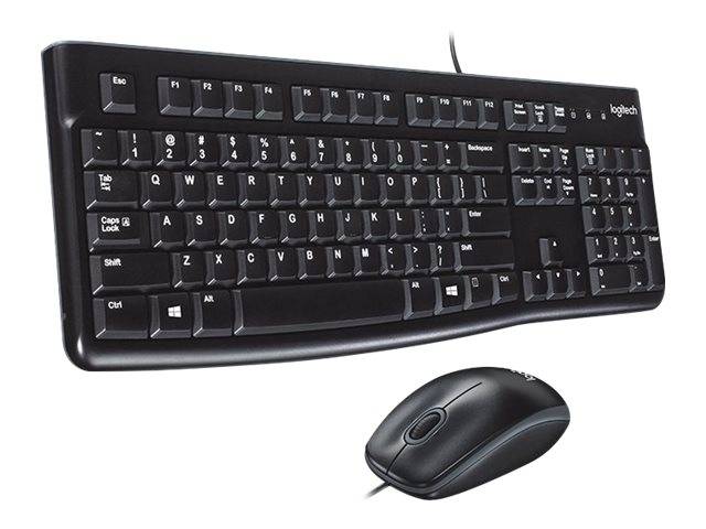 Schwarze Logitech-Tastatur mit Kabel mit vollständigem Nummernblock und passende schwarze kabelgebundene Maus auf weißem Hintergrund.