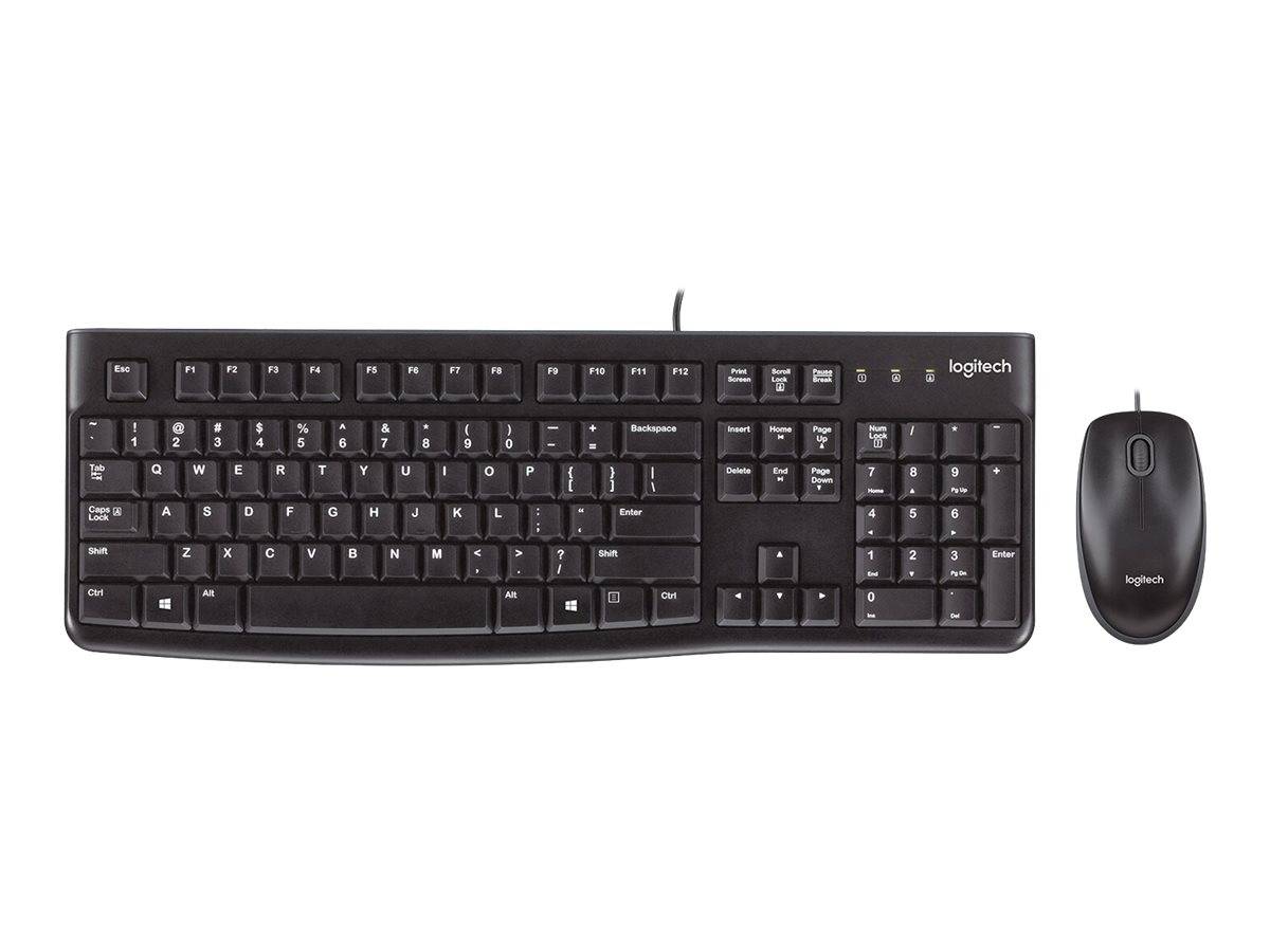 Schwarze kabelgebundene Logitech-Tastatur und passende Maus auf weißem Hintergrund, nebeneinander angeordnet.