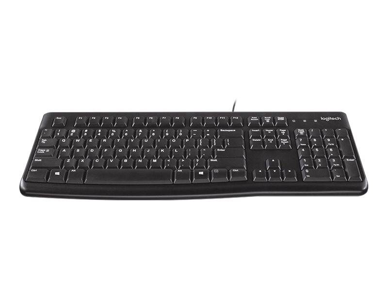 Schwarze kabelgebundene Logitech-Vollgröße-Computertastatur auf weißem Hintergrund, mit Ziffernblock und sichtbarem Kabel.