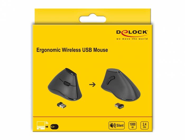 Delock Ergonomic - Vertikale Maus - ergonomisch - Für Rechtshänder - optisch - 5 Tasten - kabellos - 2.4 GHz - kabellose