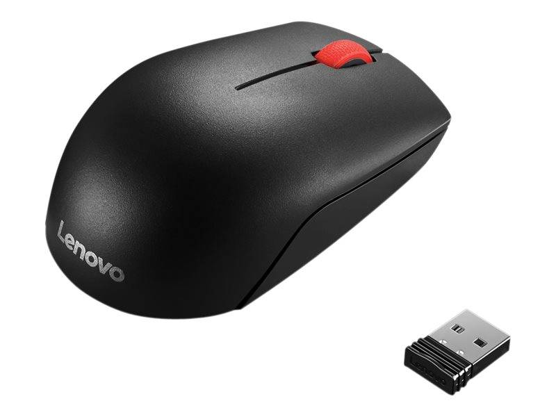 Schwarze kabellose Lenovo-Maus mit rotem Scrollrad und beigefügtem USB-Empfänger-Dongle