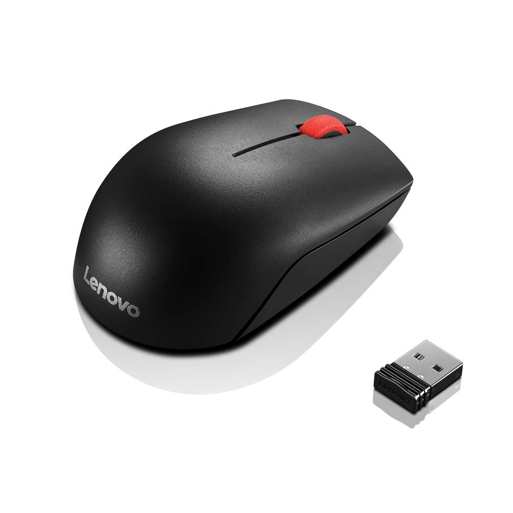 Lenovo kabellose Maus mit USB-Empfänger, auf schwarzem Hintergrund abgebildet.