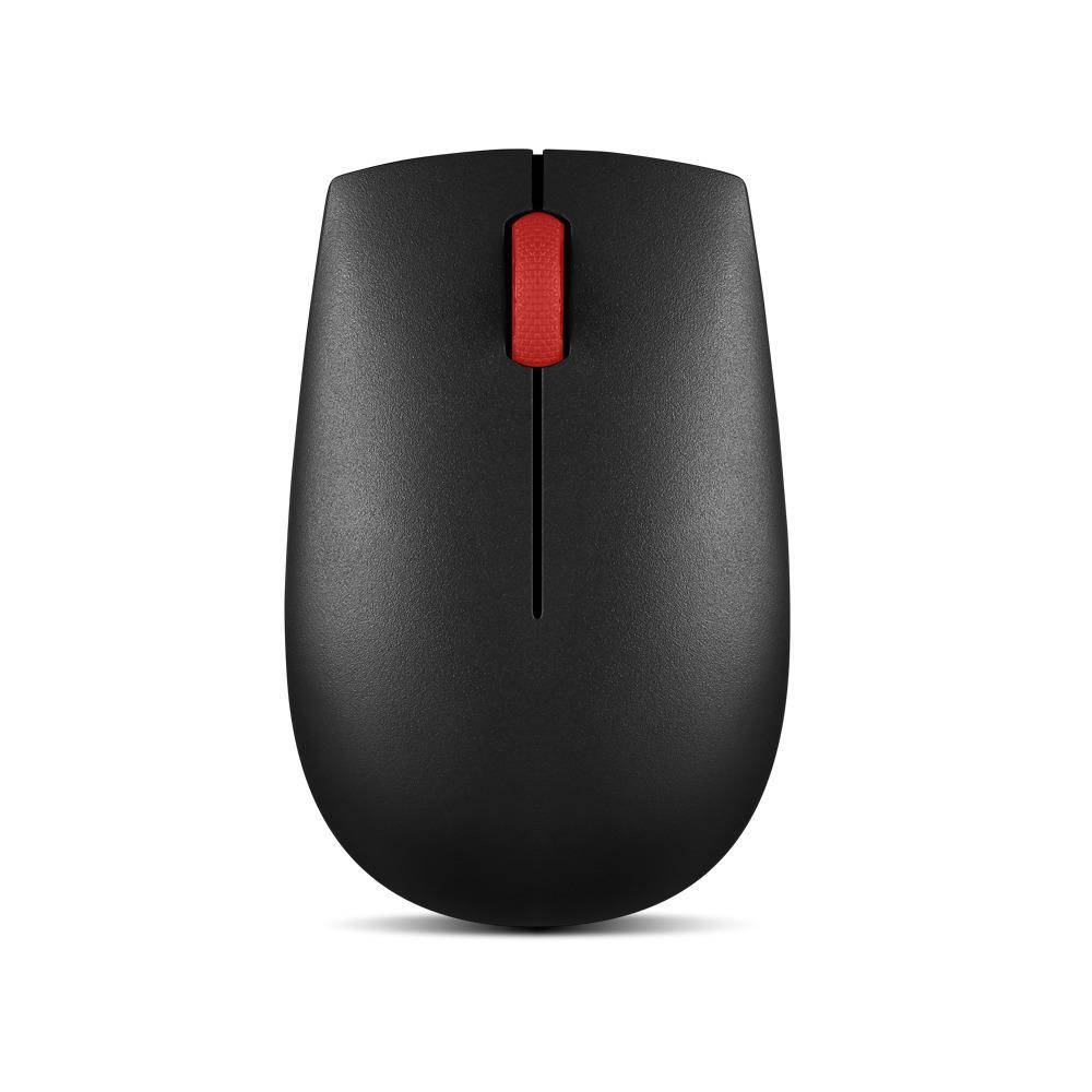 Schwarze Computermaus mit einem roten Scrollrad, auf einem einfachen weißen Hintergrund dargestellt.