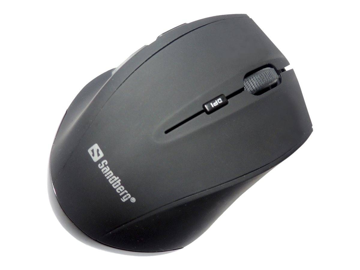 Schwarze SanDisk-Computermaus mit Wireless-Funktion, Scrollrad und DPI-Taste an der Seite auf weißem Hintergrund