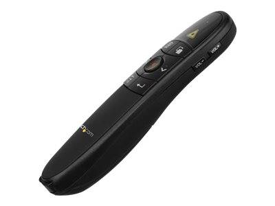 Schwarze Präsentationsfernbedienung mit Laserpointer und Schaltflächen zur Foliensteuerung auf weißem Hintergrund.