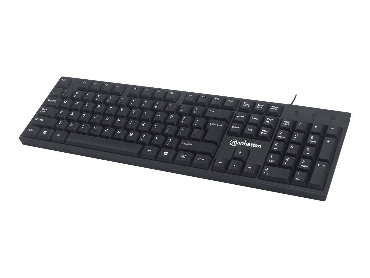 Schwarze kabelgebundene Computertastatur mit Zahlenblock, dargestellt auf weißem Hintergrund.