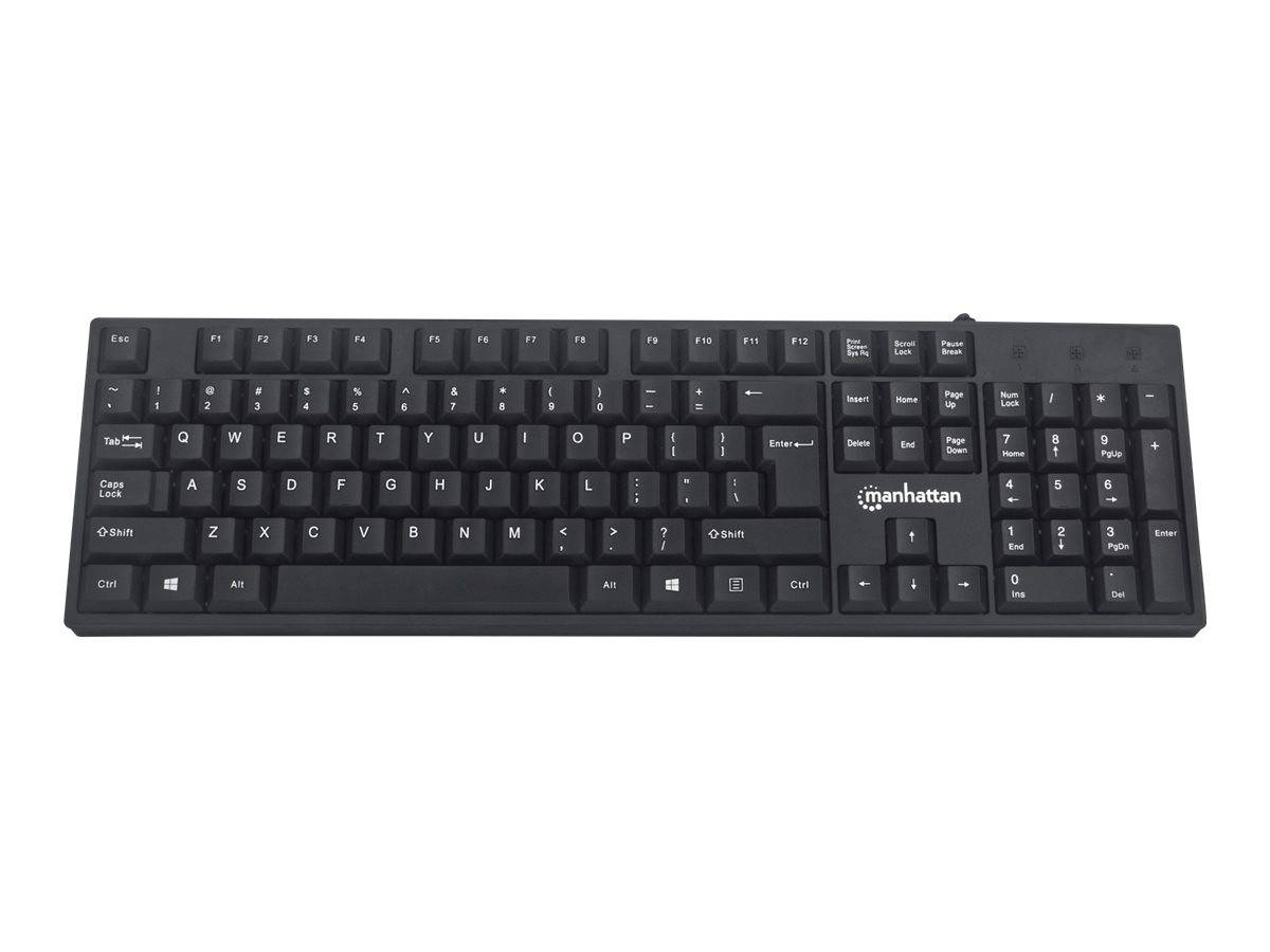Schwarze vollgrößige Manhattan-Computertastatur mit numerischem Tastenfeld auf weißem Untergrund.