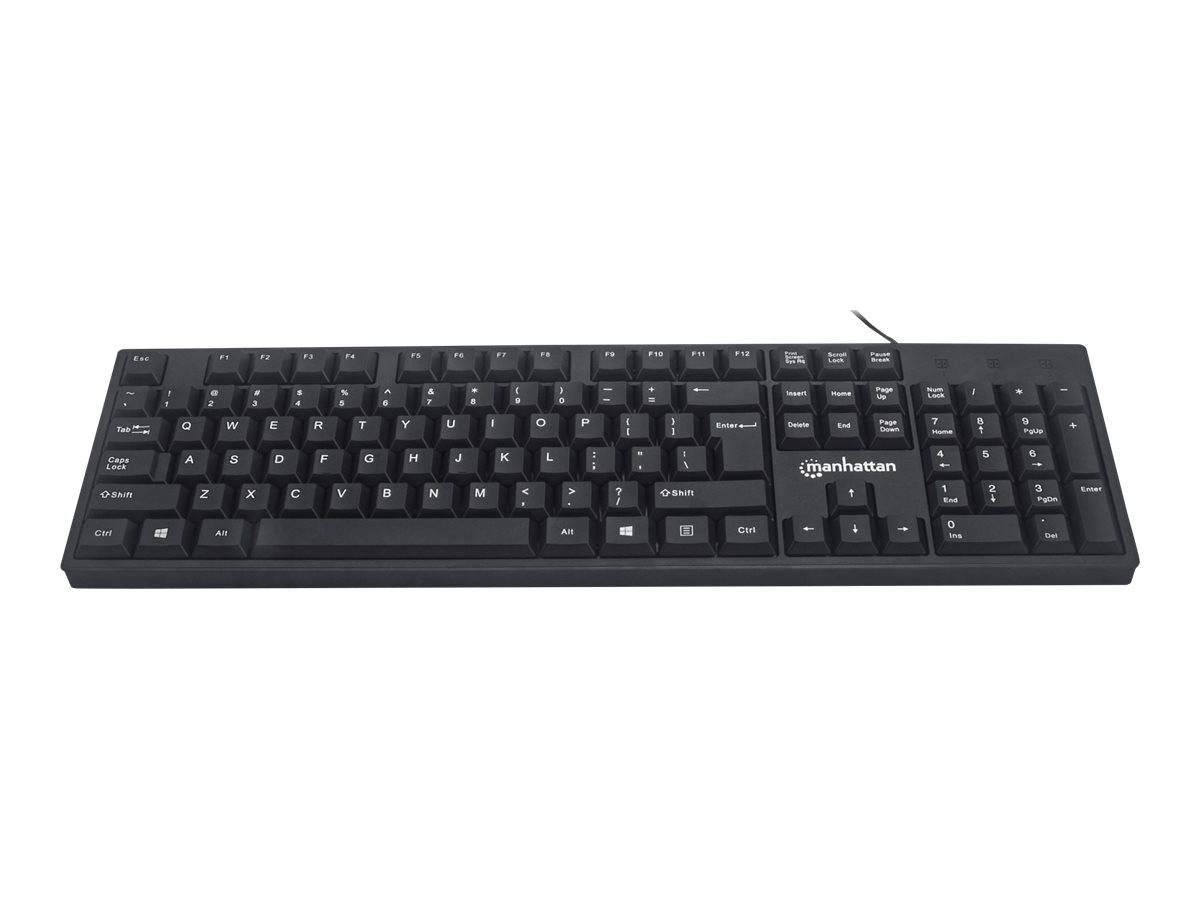 Schwarze Manhattan-Computertastatur mit Kabelverbindung, dargestellt auf weißem Hintergrund, mit Tasten in Standardgröße und numerischem Tastenfeld.