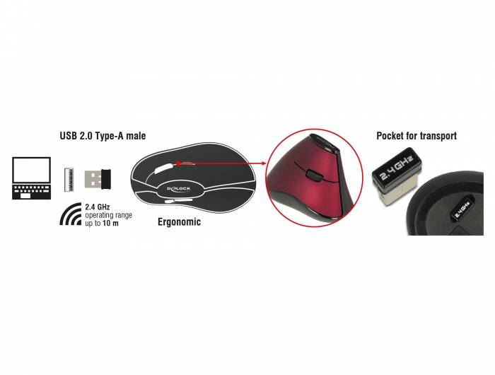 Delock - Vertikale Maus - ergonomisch - Für Rechtshänder - optisch - 5 Tasten - kabellos - 2.4 GHz - kabelloser Empfänge