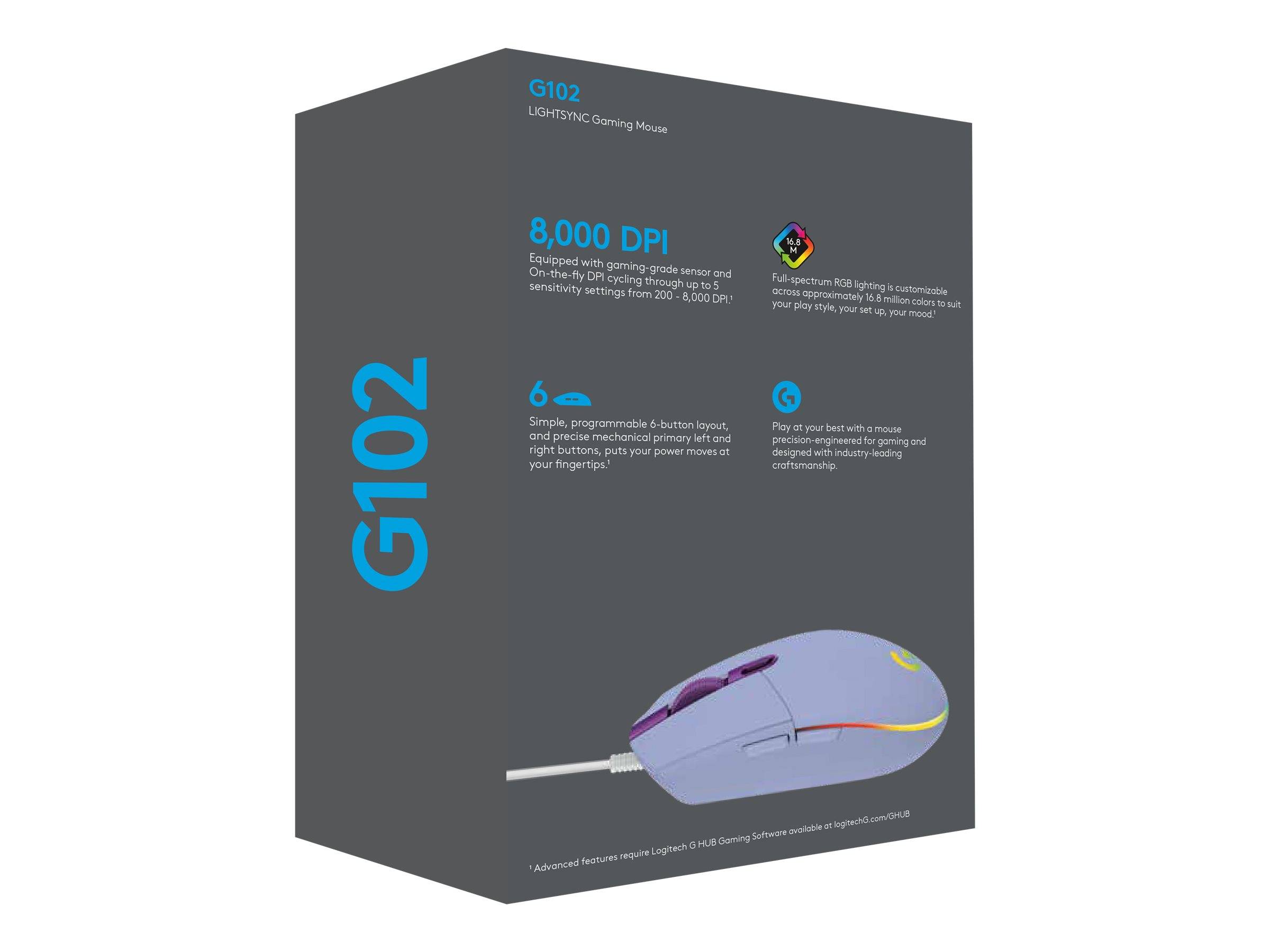 Logitechs G102-Gaming-Maus in einer Verkaufsverpackung in Dunkelgrau mit der Angabe 