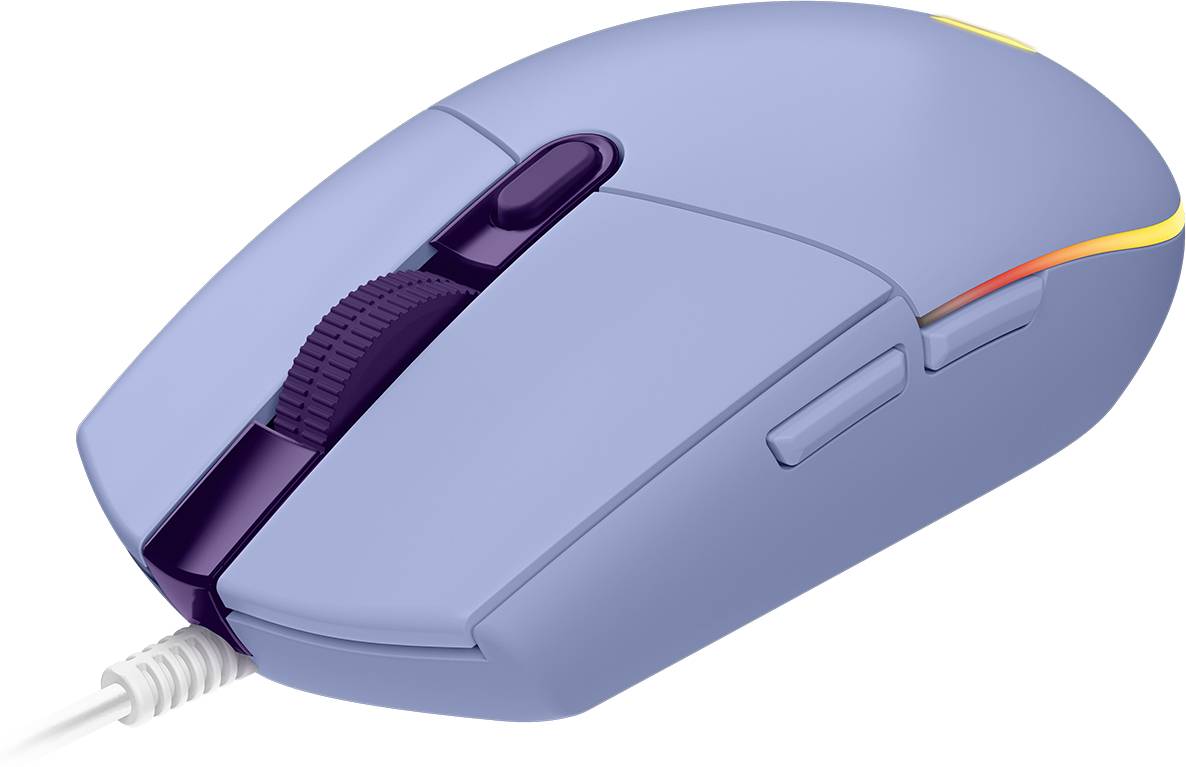 Violette Computermaus mit Kabel, Scrollrad, Seitentasten und weißem USB-Kabel auf weißem Hintergrund