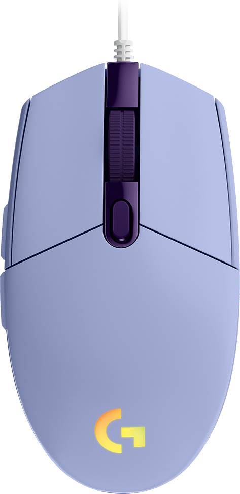 Vorderansicht einer hellvioletten kabelgebundenen Computermaus mit einem zentralen Scrollrad und gelbem G-Logo.