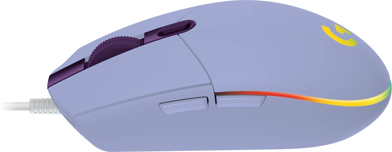 Seitenansicht einer violett und grau verkabelten Computermaus mit gelbem Akzent und zwei Seitentasten.