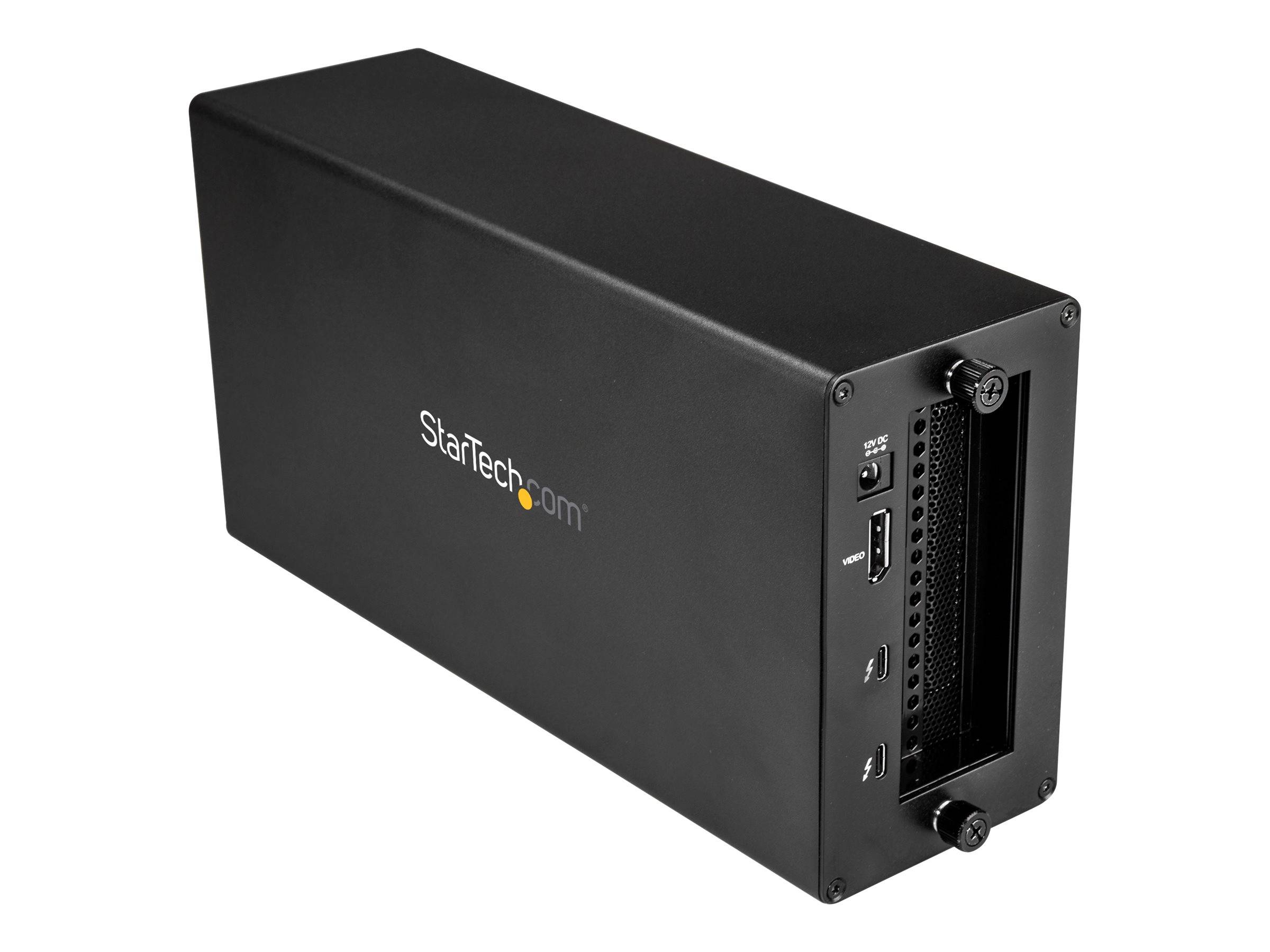 Black StarTech.com Gehäuse mit belüftetem Frontpanel, Stromschalter und USB-Anschluss.