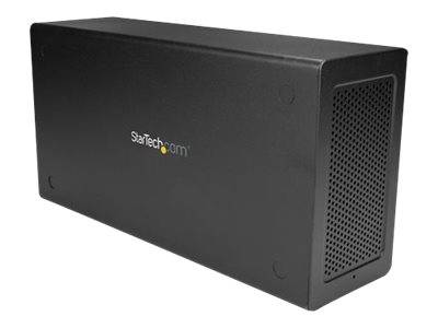 Black StarTech.com externes Gehäuse mit perforierter Belüftungsseitenwand, auf weißem Hintergrund gezeigt.