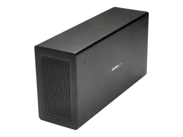 Schwarzes externes Festplattengehäuse mit belüftetem Frontpanel, gezeigt auf weißem Hintergrund.