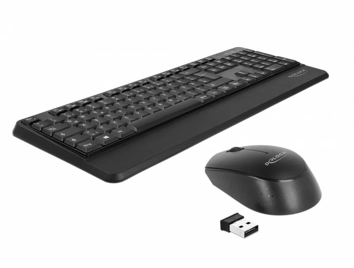 Kabellose schwarze Tastatur und Maus mit USB-Empfänger auf weißem Hintergrund.