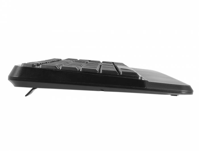 Seitenansicht einer schwarzen Computertastatur auf weißem Hintergrund, die flache Tasten und ein schlankes Design zeigt.