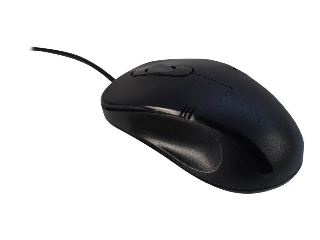 Schwarze schnurgebundene Computermaus auf weißem Hintergrund, nach rechts geneigt.
