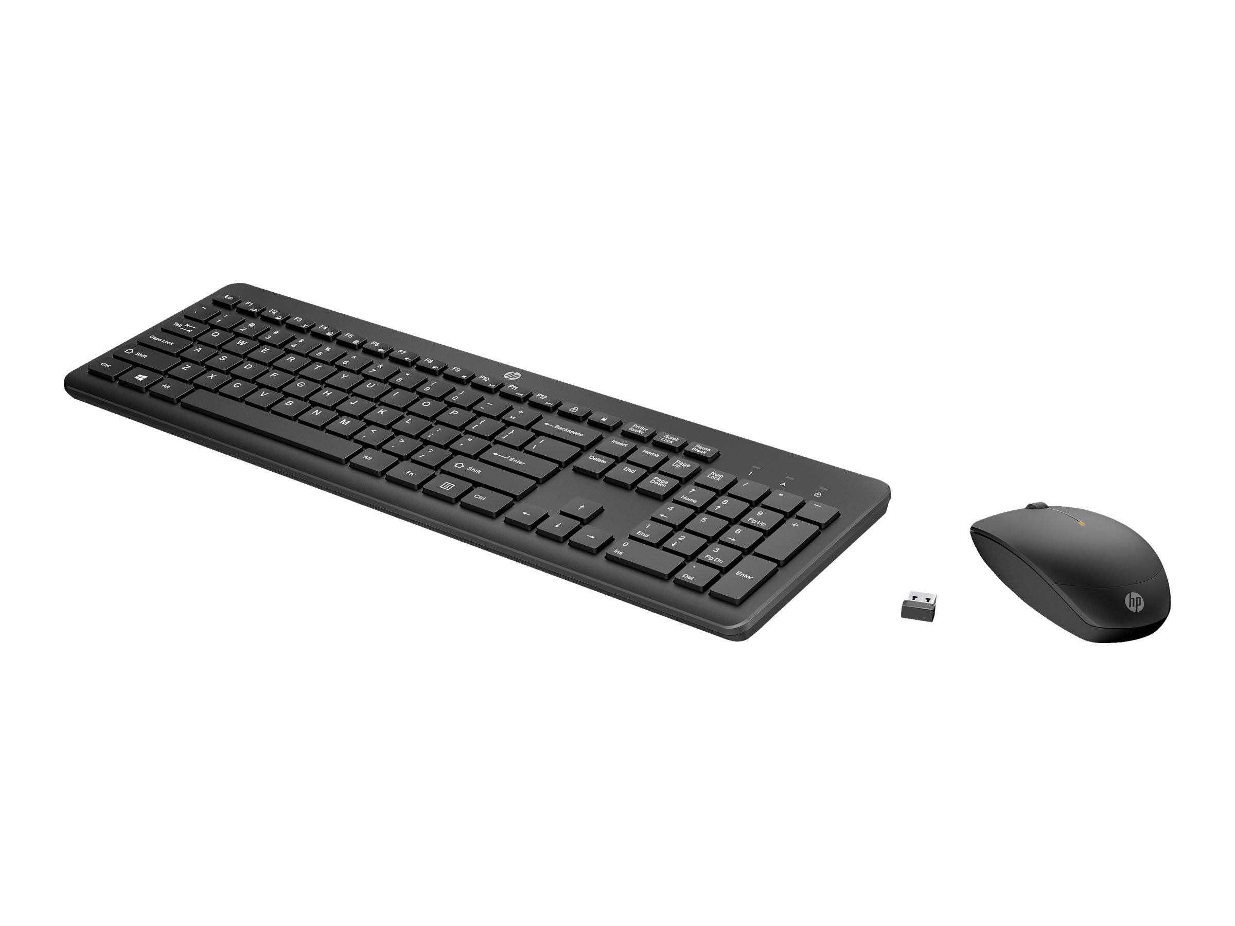 Kabelloses Tastatur- und Mausset mit USB-Empfänger auf weißem Hintergrund.