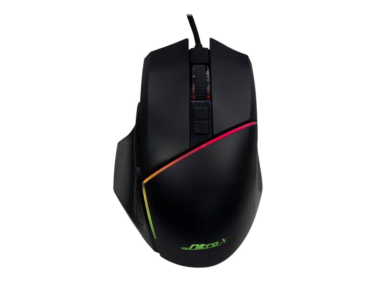 Schwarze kabelgebundene Gaming-Maus mit RGB-Lichtakzenten und Seitentasten auf weißem Hintergrund.