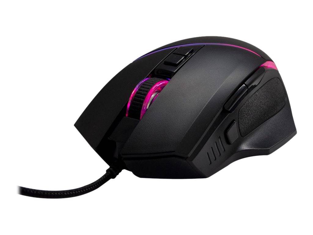 Schwarze Gaming-Maus mit Kabelanschluss und rosa Beleuchtungsakzenten auf weißem Hintergrund.