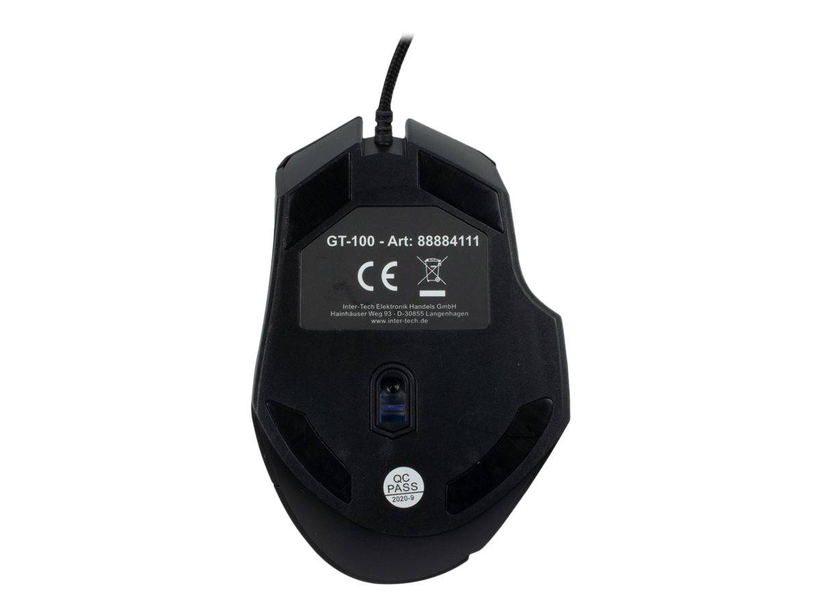 Unteransicht einer schwarzen kabelgebundenen Computermaus, die das Modellschild GT-100, Zertifizierungszeichen und einen optischen Sensor zeigt.