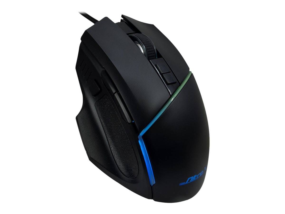 Schwarze Gaming-Maus mit blauer LED-Akzentbeleuchtung und mehreren Seitentasten