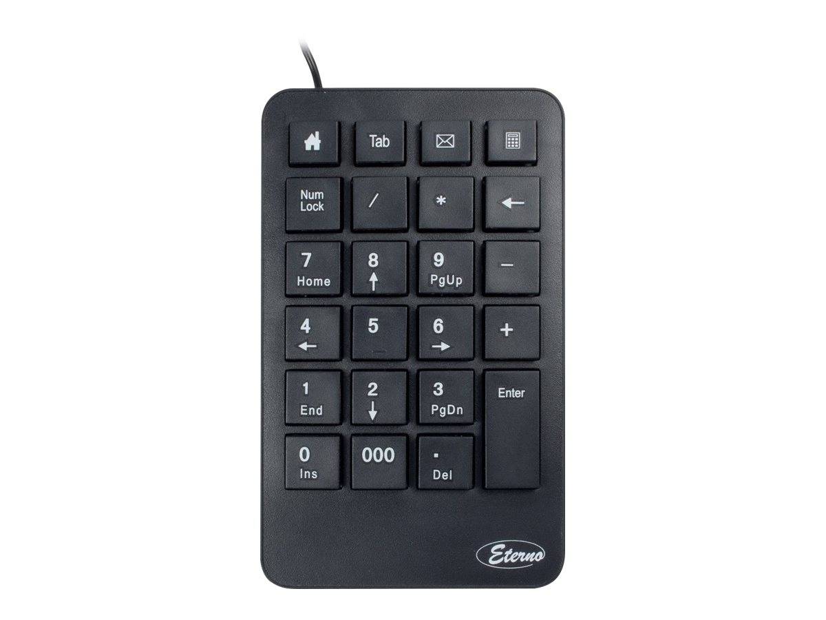 Schwarze schnurgebundene numerische Tastatur mit Taschenrechner-ähnlichen Tasten, Tabulator-, Eingabe-, Num Lock-, Pfeiltasten und 0/000-Tasten, auf weißem Hintergrund dargestellt.