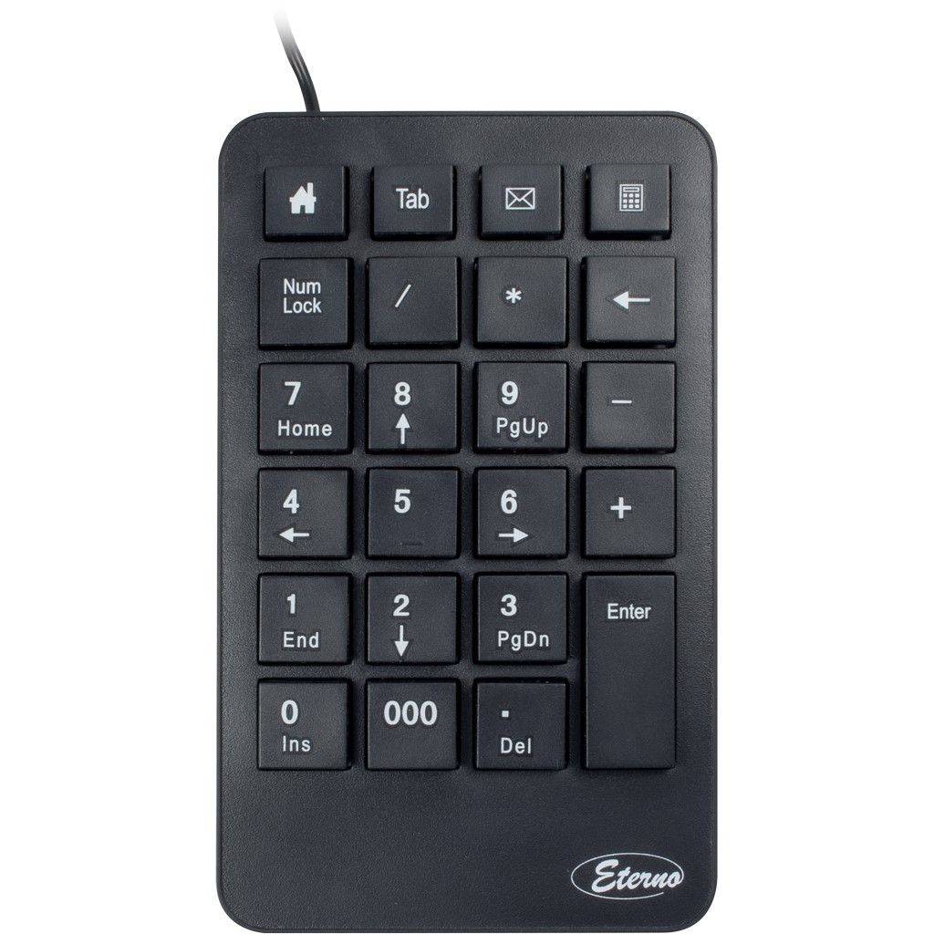 Schwarze kabelgebundene numerische Tastatur mit 21 Tasten, einschließlich Tabulatortaste, Eingabetaste, Pfeiltasten und Funktionen der Zahlentastatur.