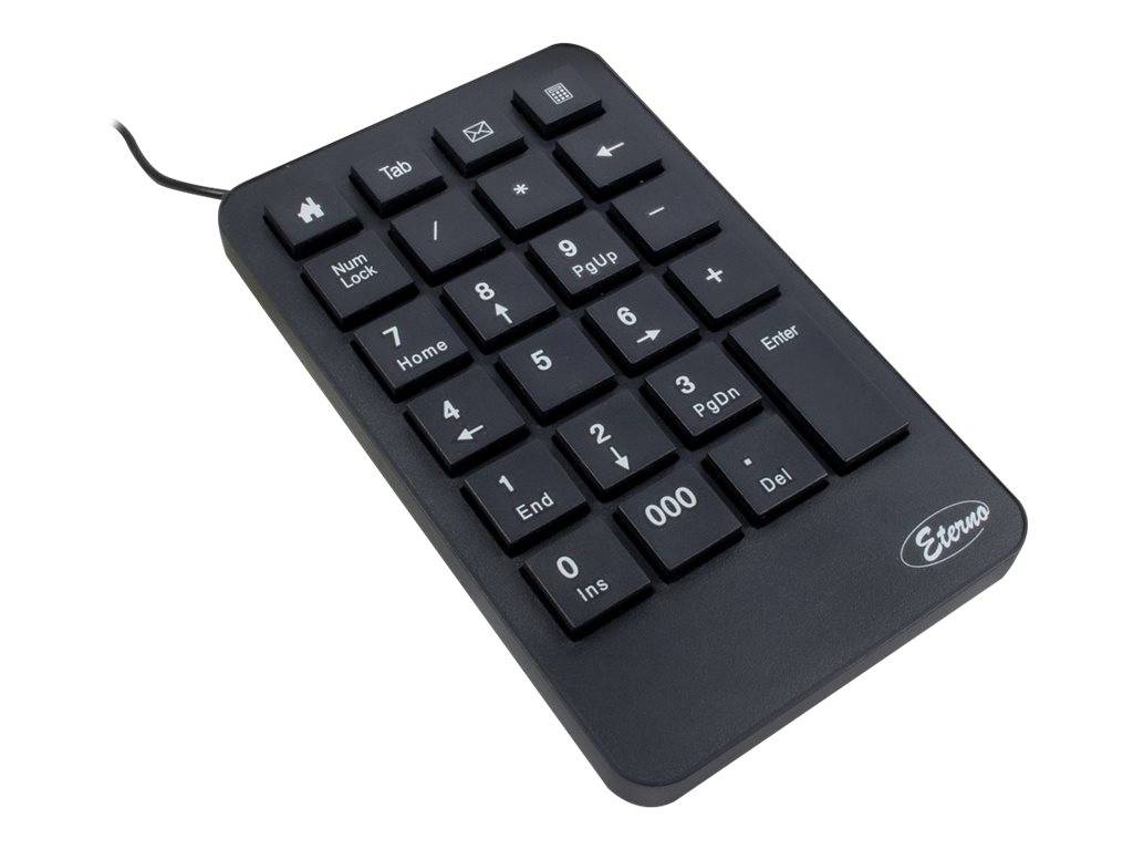 Schwarzes externes numerisches Tastenfeld mit programmierbaren Tasten, einschließlich Enter, Tab, Del und 000, auf weißem Hintergrund mit angeschlossenem USB-Kabel gezeigt.