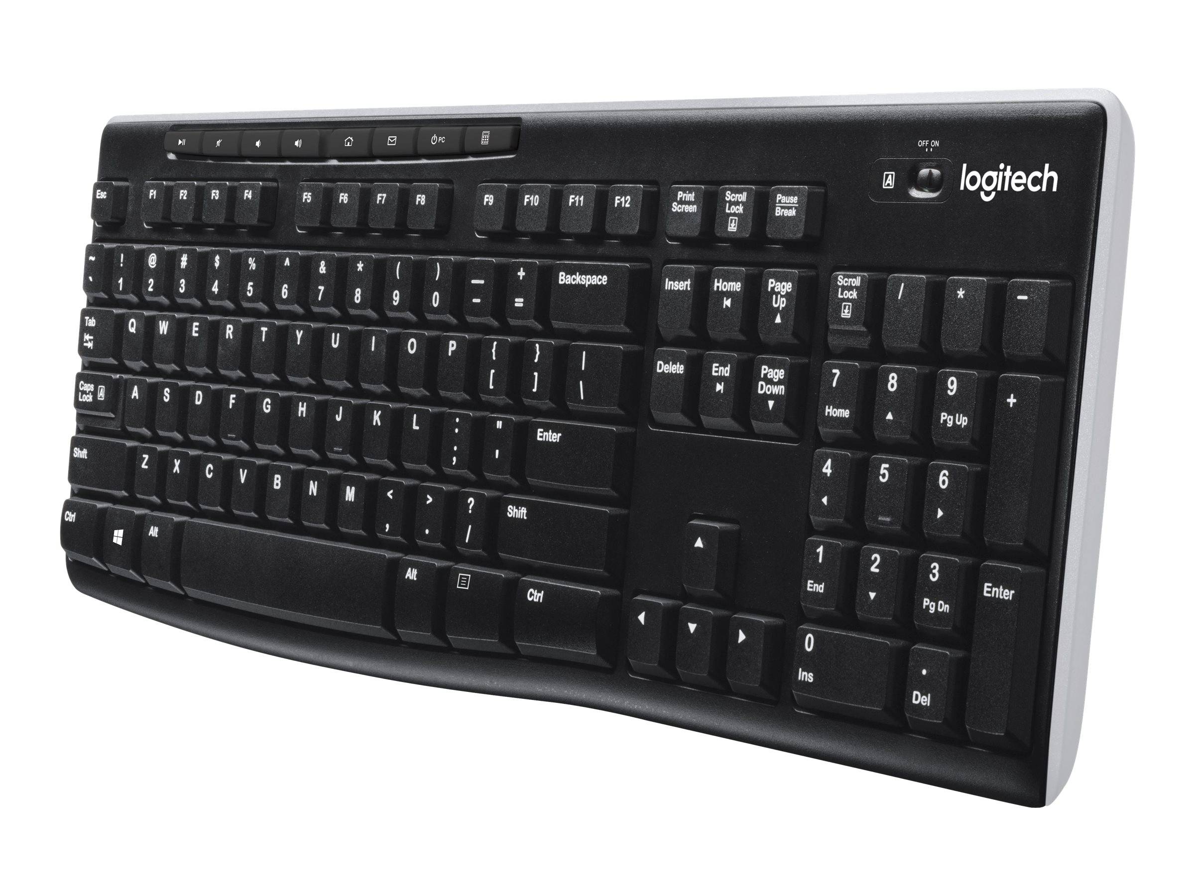 Schwarze Logitech-Vollformat-Wireless-Tastatur mit Ziffernblock und Medientasten, gezeigt auf weißem Hintergrund.