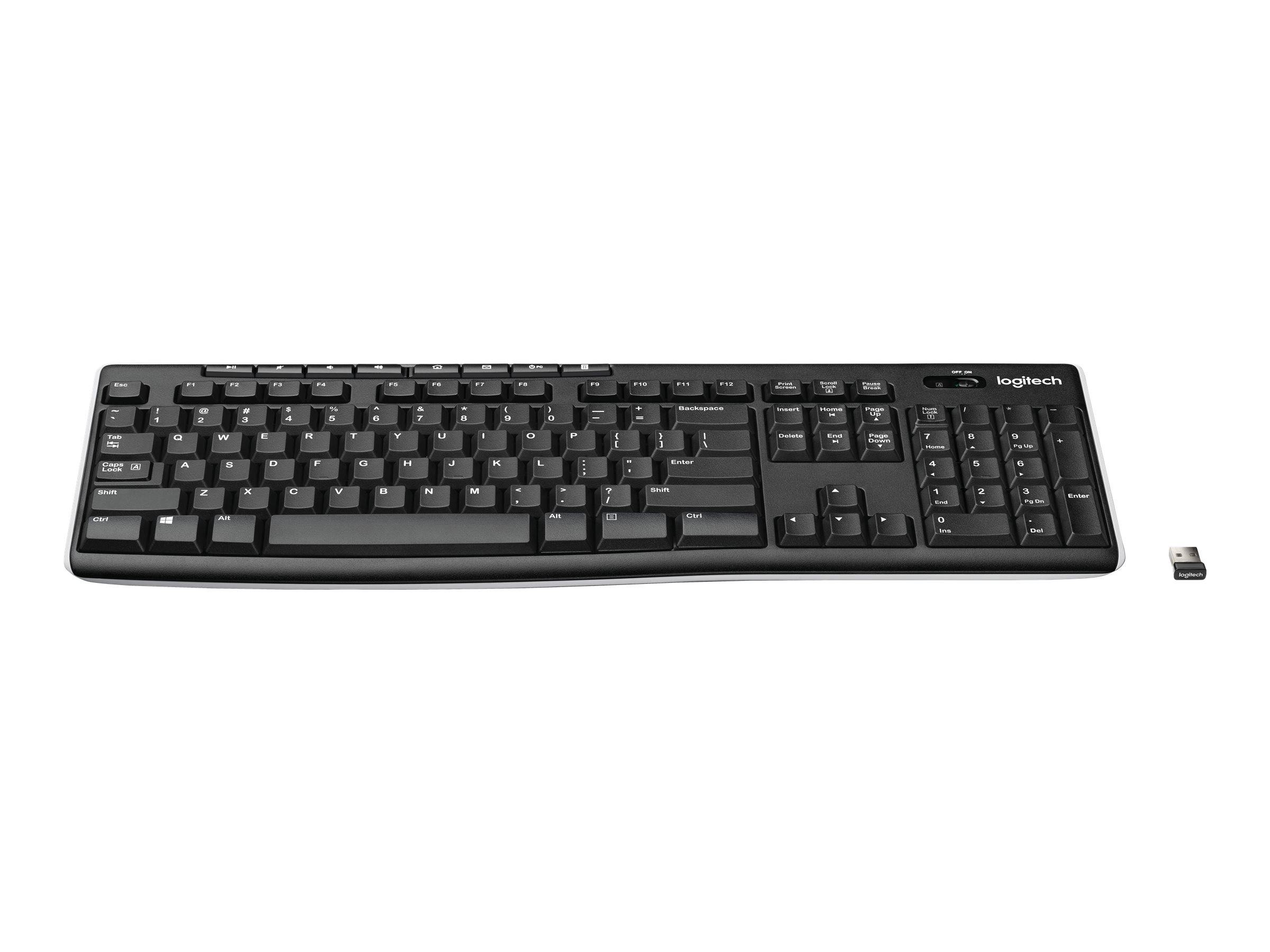 Schwarze kabellose Logitech-Tastatur mit USB-Empfänger, auf der rechten Seite auf weißem Hintergrund dargestellt.