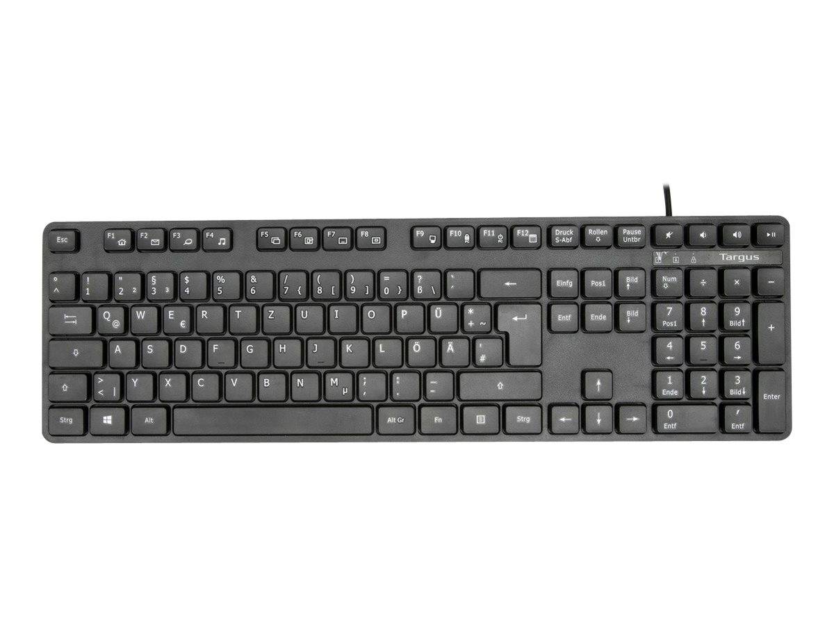 Schwarze Vollgröße-Computertastatur mit Nummernblock und Funktionstasten auf weißem Hintergrund.