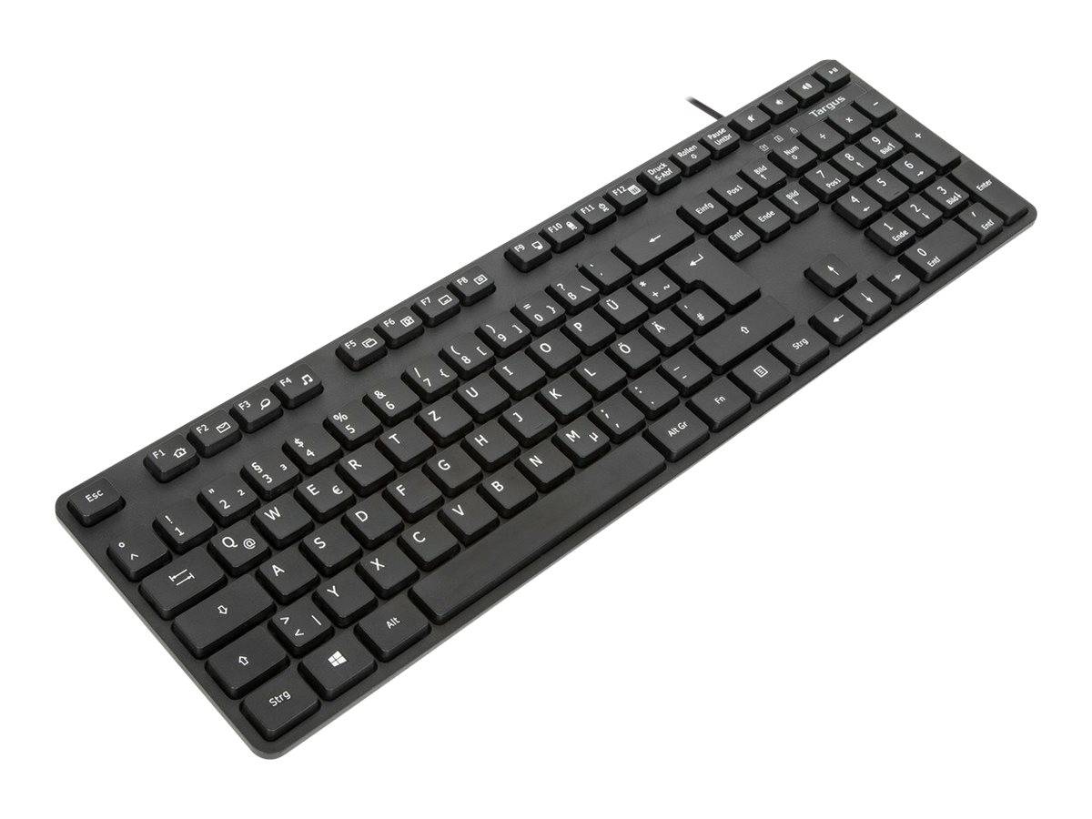 Schwarze Computertastatur diagonal auf weißem Hintergrund dargestellt.