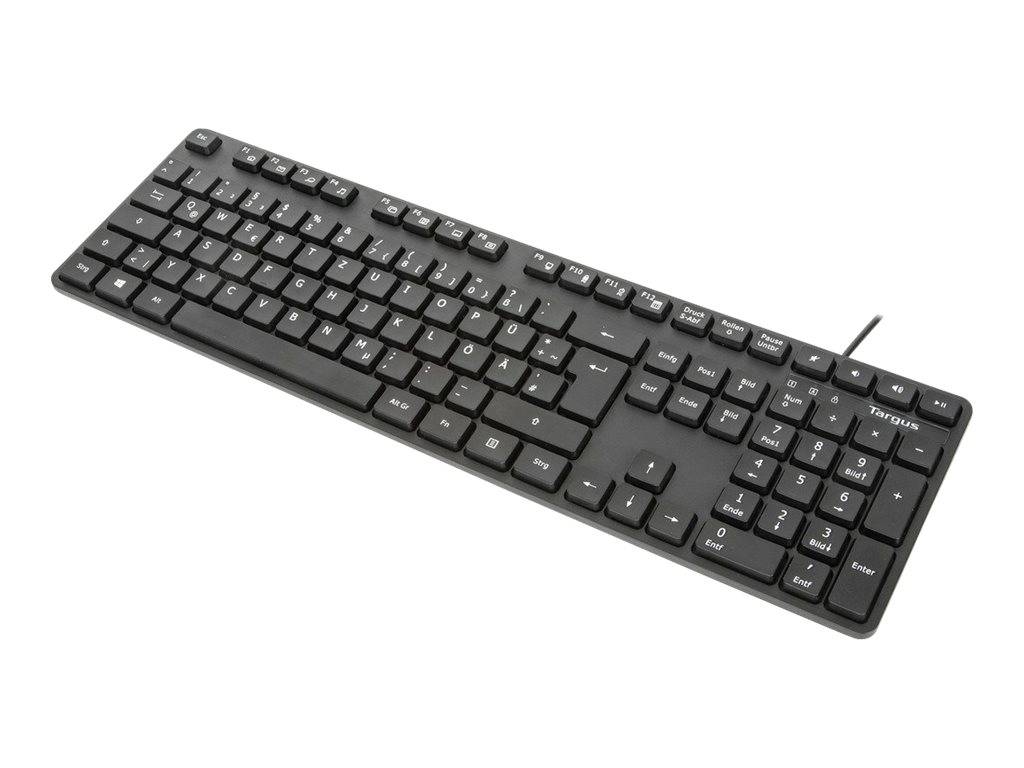 Schwarze Computertastatur in schräger Ansicht auf weißem Hintergrund.