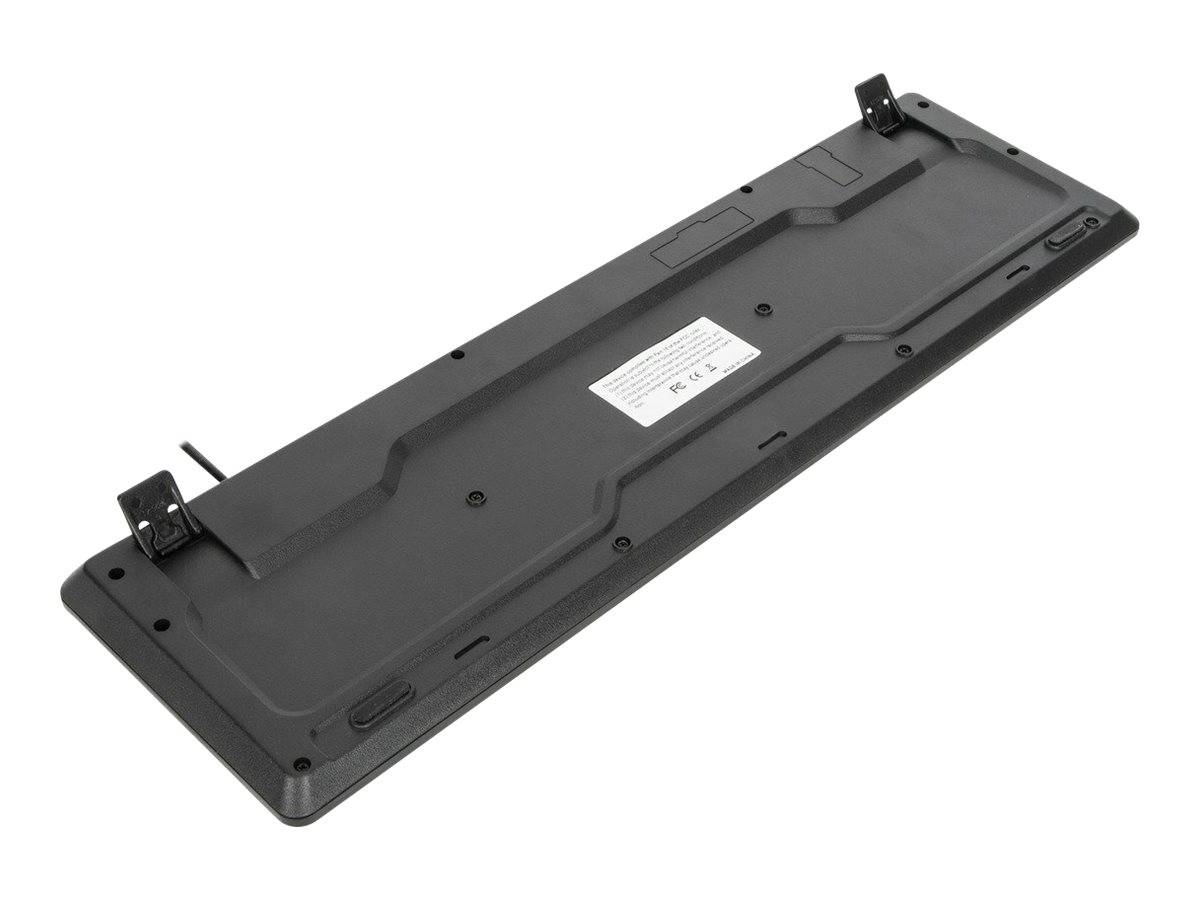 Rückansicht einer schwarzen Computertastatur, die die Unterseite mit verstellbaren Füßen und einem Produktetikett zeigt.