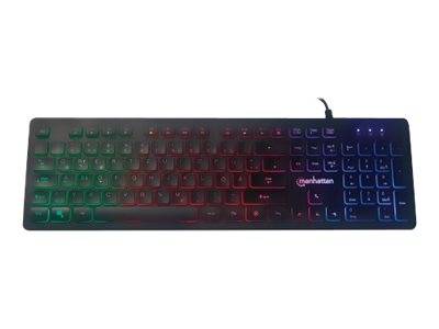 Manhattan Gaming USB Keyboard, Low Force Key Edition, 12 Multimedia Keys, Rainbow-LED Backlighting, USB-A, Black, Retail