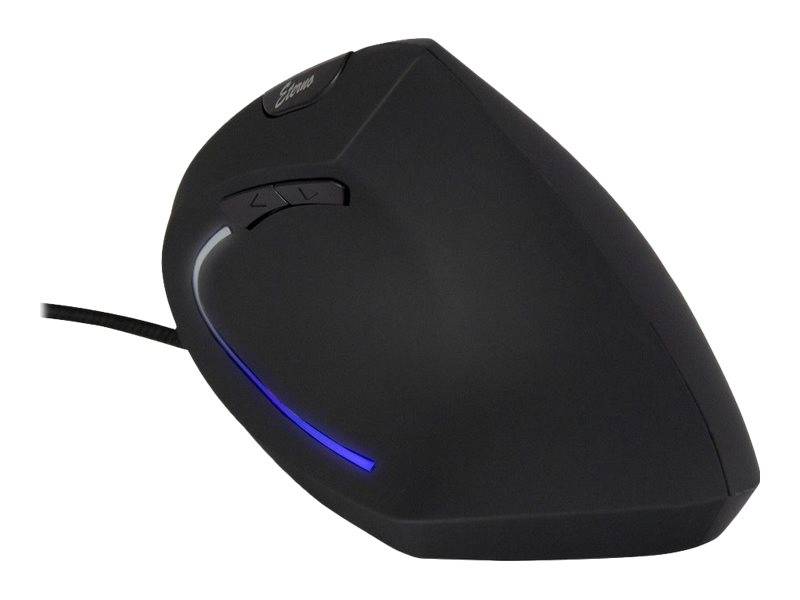 Schwarze ergonomische kabelgebundene Computermaus mit blauem LED-Akzent und Seitentasten auf weißem Hintergrund