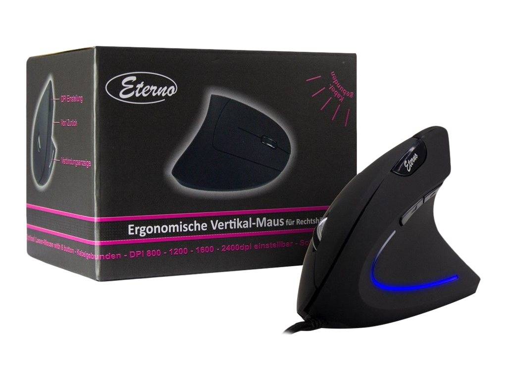 Ergonomische vertikale kabellose Maus mit ihrer Produktbox, mit den Bezeichnungen 