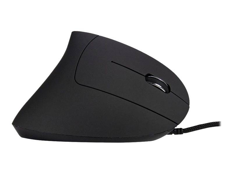 Schwarze ergonomische kabelgebundene Computermaus in Seitenansicht auf weißem Hintergrund.