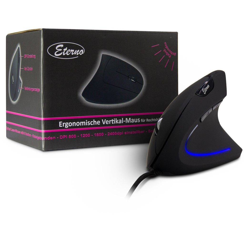 Schwarze ergonomische vertikale Maus mit blauem Licht, neben ihrer Eterno-Verkaufsbox gezeigt, die mit 