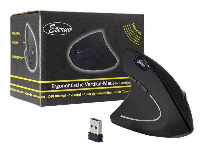 Schwarze Eterno ergonomische vertikale kabellose Maus für Linkshänder, gezeigt mit USB-Empfänger und Produktverpackung mit aufgelisteten einstellbaren DPI-Einstellungen.