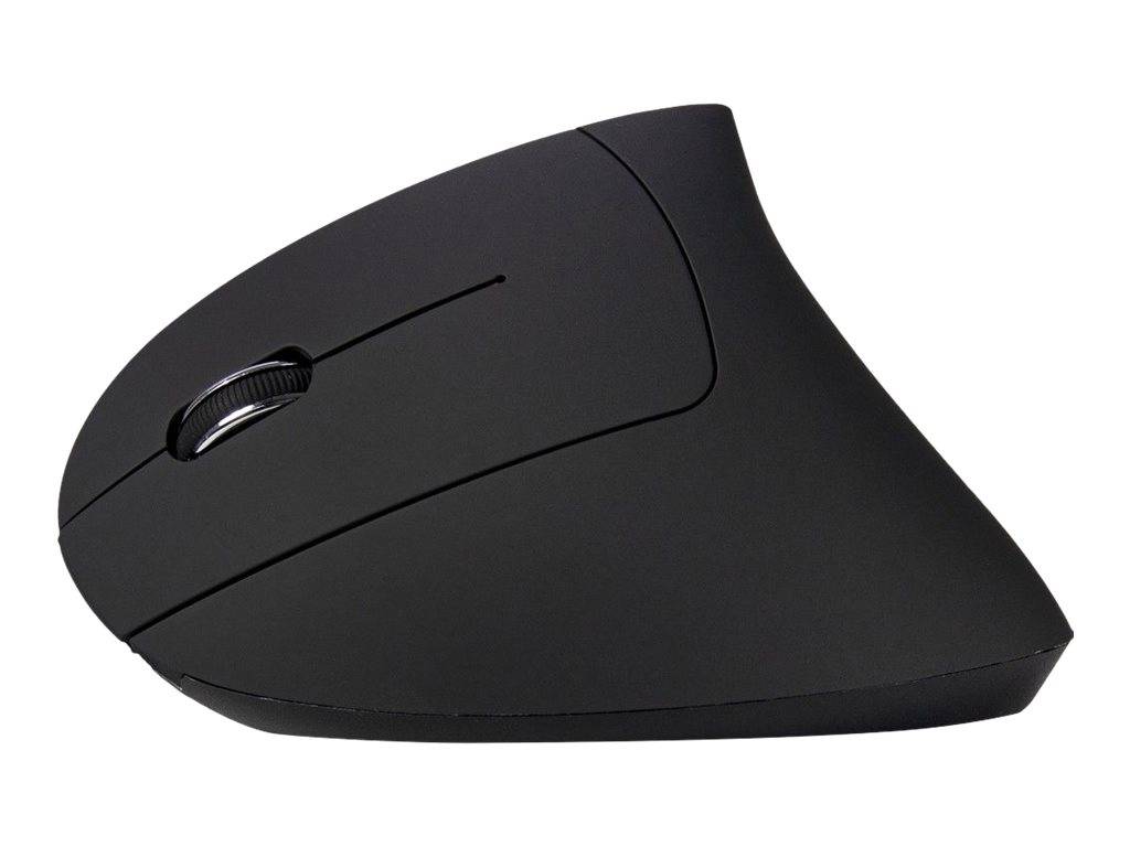 Schwarze ergonomische kabellose Maus mit Seitenscrollrad auf weißem Hintergrund