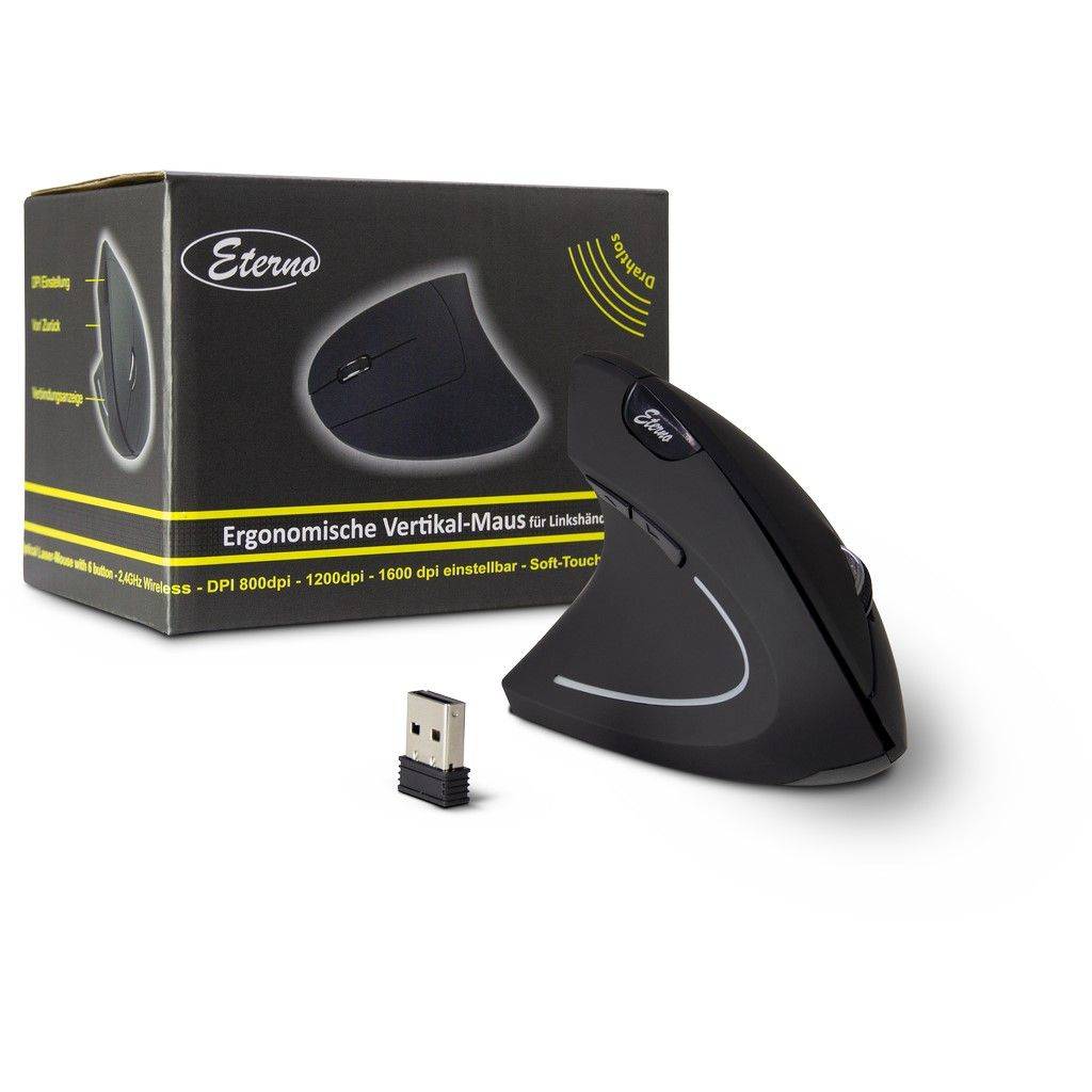 Schwarze ergonomische vertikale kabellose Maus mit USB-Empfänger und Einzelhandelsverpackung mit der Bezeichnung „Eterno