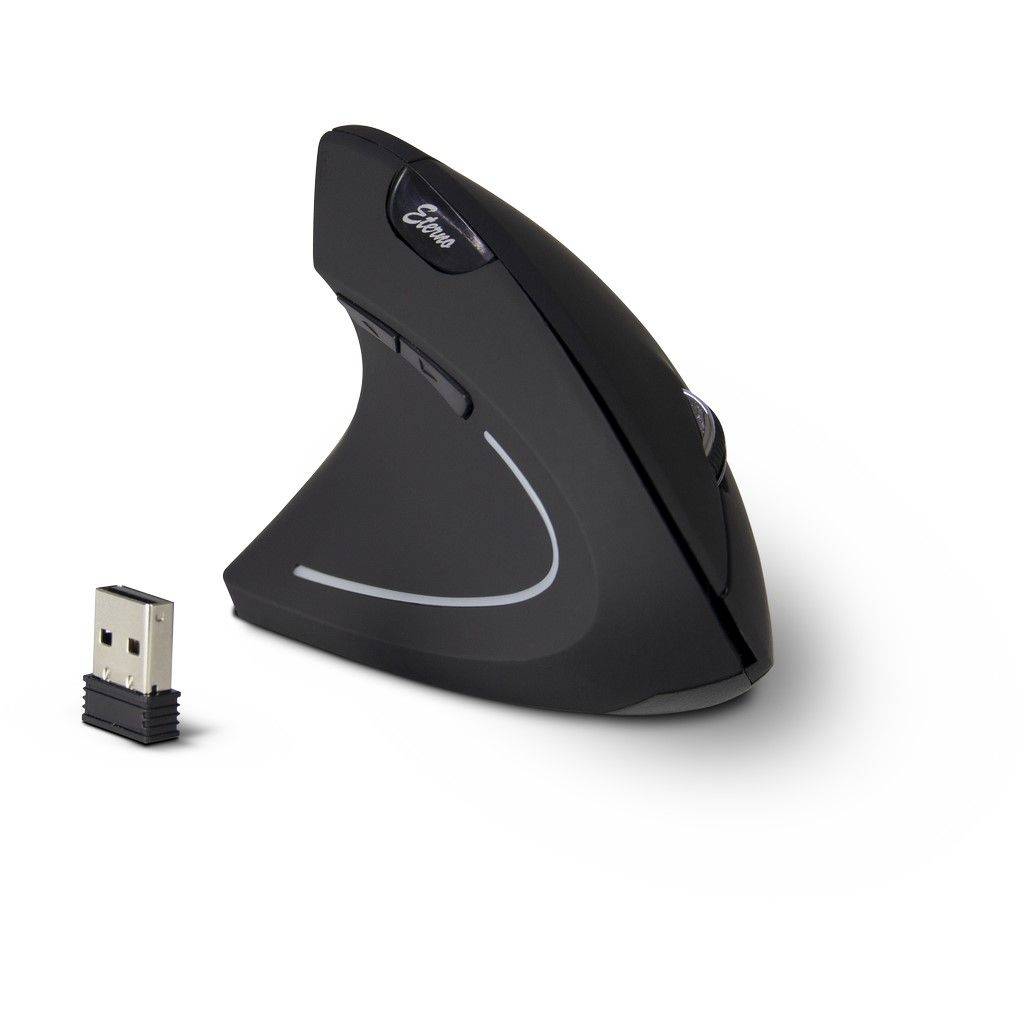 Schwarze ergonomische kabellose vertikale Maus mit USB-Empfänger daneben auf weißem Hintergrund.