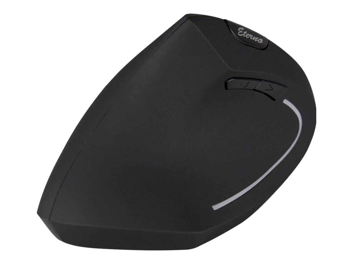 Schwarze ergonomische Computermaus mit Seitentasten und silbernem geschwungenem Akzent auf weißem Hintergrund.
