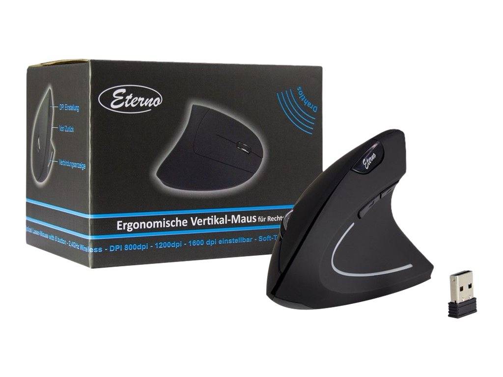 Schwarze Eterno ergonomische vertikale kabellose Maus mit USB-Empfänger neben ihrer Produktschachtel dargestellt.